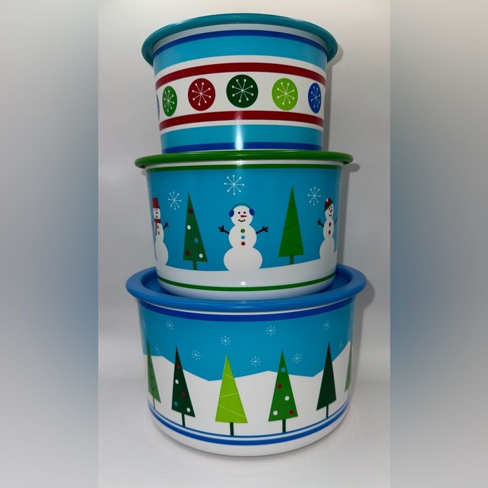 Tupperware Holiday Christmas Winter Set of 3 One Touch Stacking Canisters